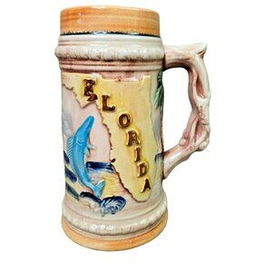 Vintage Embossed FLORIDA Mug Stein Flamingo & Marlin Made in Japan